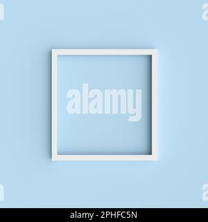 Weißer, quadratischer Bilderrahmen mit blauem Wandhintergrund. Abstraktes 3D-Rendering. Leerer Modellrahmen an einer Wand. Stockfoto