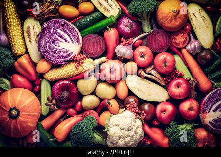 Hintergrund einer Mischung aus verschiedenen Gemüsesorten und Früchten der frischen Ernte. Stockfoto
