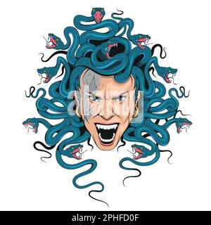 Medusa-Kopf mit Schlangen, griechischer Mythos, Pop-Art-Retro-Vektordarstellung. Isoliertes Bild auf weißem Hintergrund. Eine Comic-Imitation. Stock Vektor