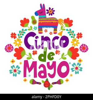 Cinco de Mayo, 5. Mai in Mexiko - Urlaubszitat auf weißem Hintergrund mit wunderschönen mexikanischen Symbolen. Gut für T-Shirt, Tasse, Hausdekoration, GIF Stock Vektor