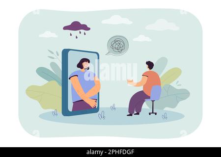 Ein trauriges Mädchen, das online mit einem Psychologen zusammen ist Stock Vektor