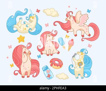 Süße glückliche Einhörner Zeichentrickset Stock Vektor