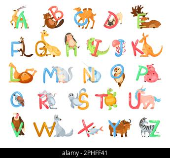 Tierfiguren mit Alphabet-Vektorabbildungen eingestellt Stock Vektor