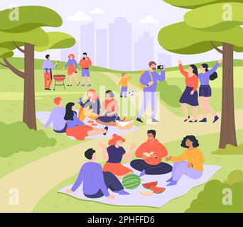 Leute, die ein Picknick im öffentlichen Park machen, Flachvektordarstellung Stock Vektor