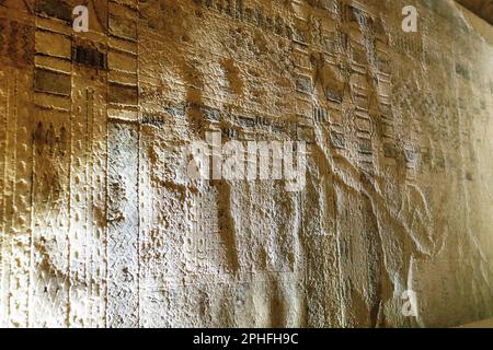 Versteckte Reliefschnitzereien an der Wand im unterirdischen Grabkammer von Unas an der Pyramide von Djoser in der Sakkara-Nekropolis in Gizeh, Ägypten Stockfoto