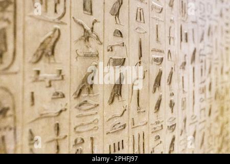 Authentische Hieroglypheninschriften in einer unterirdischen Grabkammer in der Unas-Pyramide in der Sakkara-Nekropolis in Gizeh, Ägypten Stockfoto