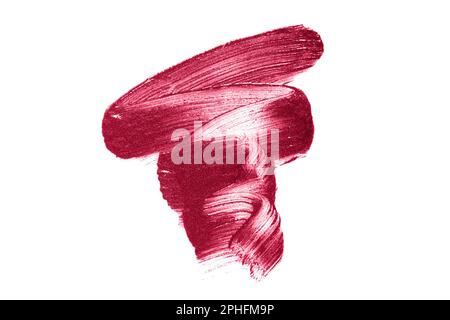 Abstrakter magentafarbener Abstrich von schimmerndem Lippenstift, isoliert auf weißem Hintergrund. Stockfoto