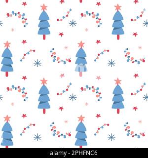 Niedliches festliches, nahtloses Muster mit weihnachtsbaum, Festoons, Schneeflocken und weihnachtssternen. Einfaches Winterdesign zum Einpacken von Papiertextilien. Vektordarstellung. Stock Vektor