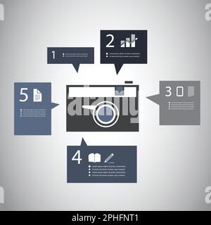 Infografik-Design – Retro-Kamera mit Sprechblasen Stock Vektor