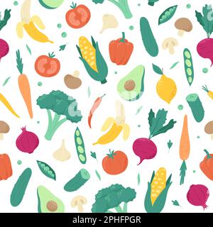 Obst- und Gemüsemuster. Gesundes vegetarisches oder veganes Essen. Handgezeichnete Vektordarstellung im trendigen minimalistischen Stil Stock Vektor
