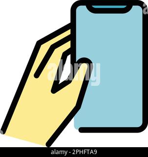 Halten des konturvektors für das android-Telefonsymbol. Handmobil. Bildschirmfarbe der Zelle flach Stock Vektor