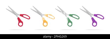 Schreibmaschinenschere realistische Vektordarstellung der Sammlung. Büroschneider mit Ringen Griffe unterschiedlicher Farbe und scharfe Klinge. Stahlpflege Stock Vektor