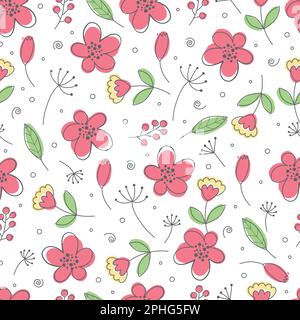 Wunderschönes, nahtloses Blumenmuster mit Pfingstrosen, Tulpen und Eukalyptus. Endloses Design mit eleganten Frühlingsblumen zum Drucken. Wiederholbar Stock Vektor