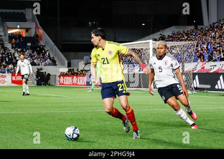 Osaka, Japan. 28. März 2023. Daniel MUÃ„OZ (21) aus Kolumbien in Aktion beim KIRIN CHALLENGE CUP 2023 Freundschaftsspiel zwischen Kolumbien und Japan im Yodoko Sakura Stadium in Osaka, Japan. Kolumbien besiegt Japan 2-1. (Kreditbild: © Rodrigo Reyes Marin/ZUMA Press Wire) NUR REDAKTIONELLE VERWENDUNG! Nicht für den kommerziellen GEBRAUCH! Stockfoto