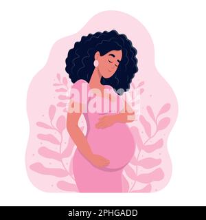 Eine Frau in Erwartung der Mutterschaft. Muttertag. Gesunde Schwangerschaft. Eine schöne schwangere Frau umarmt ihren Bauch. Stock Vektor