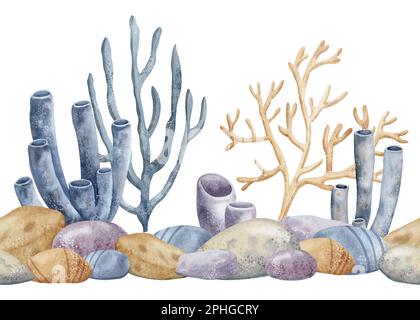 Nahtlose Grenze zu Unterwasserboden und Korallenriffen. Handgezeichnetes Muster auf isoliertem Hintergrund für Banner oder Hintergrundbild. Abbildung der wilden Unterwasserflora in Blau und Beige. Meeresschmuck Stockfoto