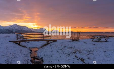 Abendrot mit Brücke, Rastplatz und Baum; Panorama, Verschneite Berge in Senja, Norwegen. roten Wolken spiegeln sich in Wasser des Fjords bei Skaland Stockfoto