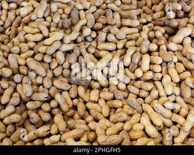 Frische ganze Erdnüsse in Erdnussschalen zum Verkauf auf einem Bauernmarkt in Montgomery, Alabama, USA. Stockfoto