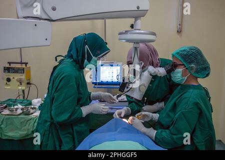 BOGOR, INDONESIEN - 27. März 2023: Ärzte führen Katarakt-Augenoperationen an Patienten mit Phakoemulsifizierungstechnik in Bogor, Indonesien, durch Stockfoto