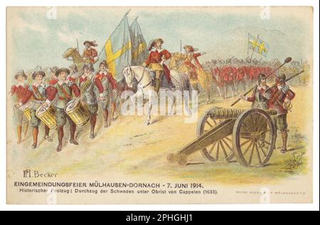 Deutsche historische Postkarte: Prozession der schwedischen Armee unter Obrist von Capellen, Wiederaufbau der Ereignisse des Dreißigjährigen Krieges 1633 Stockfoto