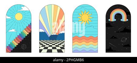 Retro groovy Bogenfenster-Set. Poster-Kollektion im Hippie-Stil. Grafische psychedelische Bogenfenster mit abstrakten Elementen. Vintage-Drucke mit Sonne, Nachthimmel und Landschaft. Trendiges Y2K-Design Stock Vektor