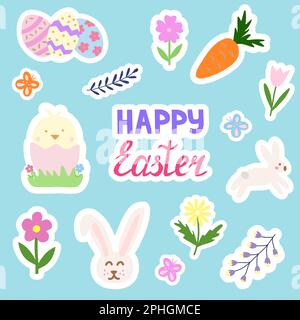 Osteraufkleber mit bunten Eiern, Küken, Häschen, Schmetterlingen, Blumen und Karotten, vektordarstellung Stock Vektor
