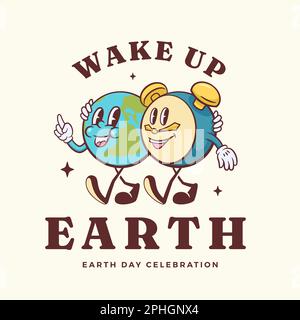 Die Grußkarte mit den coolen Retro-Cartoon-Charakteren zum Aufwachen. Fröhlicher Planet mit lächelnden Weckfreunden Etikettenvorlagen. Vector-Logo-Maskottchen Stock Vektor