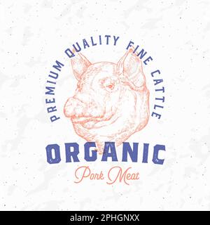 Logo-Vorlage Für Risograph Style Pork Meat Farm Retro-Logo. Handgezogene Schweinefleischgesichtsskizze mit Retro-Typographie. Vintage Steaks Sketch Emblem Print Stock Vektor