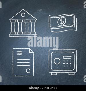 Legende für Bankgeschäfte und Geld im Linienstil. Bankgebäude, Dollarscheine, Bankschließfächer und Vertragssymbole. Zeichnen Sie auf der Tafel. Vektor i Stock Vektor