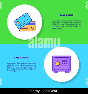 Flyer-Vorlagen für Bankdienstleistungen in Linienform mit Platzierung für Text. Symbole für Bankkarten und Bankschließfächer. Vektordarstellung. Stock Vektor