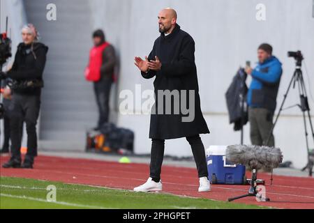 Sibiu, Rumänien. 28. März 2023. Fußball, U21 Männer: Internationale Wettkämpfe, Rumänien - Deutschland. Der deutsche Trainer Antonio Di Salvo jubelt seine Spieler an. Kredit: Stefan Constantin/dpa/Alamy Live News Stockfoto