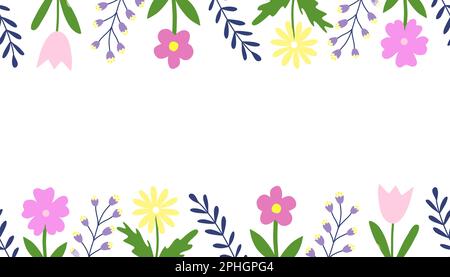 Nahtloser Rahmen mit Blumen und Blättern, Doodle-Style, flache Vektordarstellung Stock Vektor