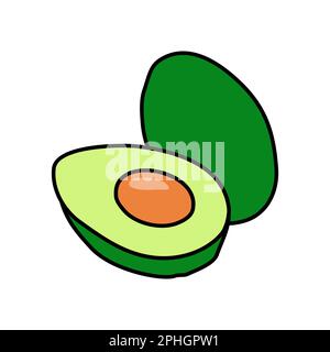 Symbol für Avocado mit ganzen und ausgeschnittenen Stücken, Kritzelstil-Vektorgrafik Stock Vektor