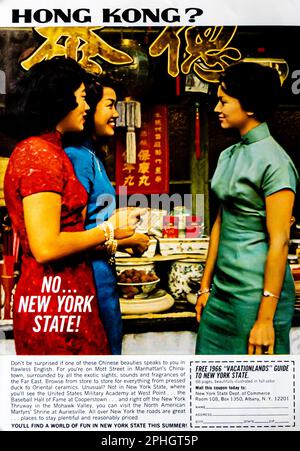 Werbung für Reiseziele im Bundesstaat New York in einer Zeitschrift in NatGeo, April 1966 Stockfoto