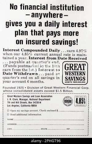 Anzeige von Great Western Savings & Loan Bank in einem Magazin in NatGeo, April 1966 Stockfoto
