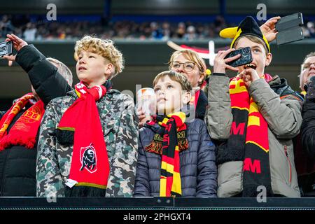 Köln, Deutschland. 28. März 2023. KÖLN, DEUTSCHLAND - MÄRZ 28: Deutsche Fans während des internationalen Freundschaftsspiels zwischen Deutschland und Belgien im RheinEnergieStadion am 28. März 2023 in Köln (Foto von Joris Verwijst/Orange Pictures) Guthaben: Orange Pics BV/Alamy Live News Stockfoto