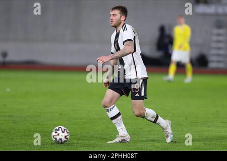 Sibiu, Rumänien. 28. März 2023. Fußball, U21 Männer: Internationales Spiel, Rumänien - Deutschland im Stadion Municipal in Sibiu. Deutschlands Jordan Beyer ist am Ball. Kredit: Constantin Stefan/dpa/Alamy Live News Stockfoto