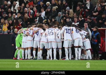 Köln, Deutschland. 28. März 2023. Die belgischen Spieler wurden zu Beginn eines freundschaftlichen Spiels zwischen der deutschen Fußballnationalmannschaft und der belgischen Fußballnationalmannschaft Red Devils in Köln, Deutschland, Dienstag, den 28. März 2023, dargestellt. BELGA FOTO BRUNO FAHY Kredit: Belga News Agency/Alamy Live News Stockfoto