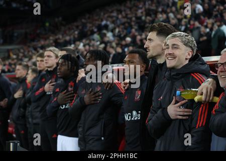 Köln, Deutschland. 28. März 2023. Die belgischen Spieler wurden zu Beginn eines freundschaftlichen Spiels zwischen der deutschen Fußballnationalmannschaft und der belgischen Fußballnationalmannschaft Red Devils in Köln, Deutschland, Dienstag, den 28. März 2023, dargestellt. BELGA PHOTO VIRGINIE LEFOUR Kredit: Belga News Agency/Alamy Live News Stockfoto