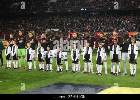 Köln, Deutschland. 28. März 2023. Die belgischen Spieler wurden zu Beginn eines freundschaftlichen Spiels zwischen der deutschen Fußballnationalmannschaft und der belgischen Fußballnationalmannschaft Red Devils in Köln, Deutschland, Dienstag, den 28. März 2023, dargestellt. BELGA PHOTO VIRGINIE LEFOUR Kredit: Belga News Agency/Alamy Live News Stockfoto