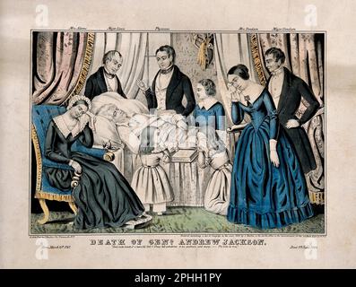 Der Tod von Präsident Andrew Jackson, Vintage Color Lithograph 1845 Stockfoto