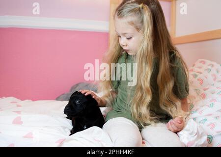 Ein kleines, kaukasisches Mädchen mit einem Welpen. Kinderhund. PET-Konzept. Ein Mädchen mit Zöpfen und ihrem Welpen Stockfoto