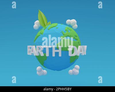 Earth Day Banner- oder Posterkonzept mit Wolken im blauen Himmel.22. april. Hintergrund mit grünen Blättern und Globus. 3D-Rendering-Abbildung Stockfoto