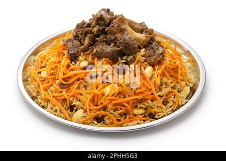 kabuli pulao (luxuriöser Pilaf), afghanisches Nationalgericht isoliert auf weißem Hintergrund Stockfoto