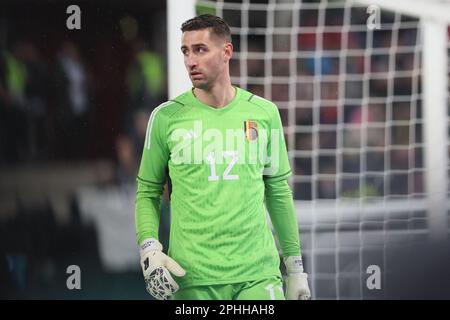 Köln, Deutschland. 28. März 2023. Der belgische Torwart Koen Casteels wurde während eines Freundschaftsspiels zwischen der deutschen Fußballnationalmannschaft und der belgischen Fußballnationalmannschaft Red Devils in Köln, Deutschland, am Dienstag, den 28. März 2023, fotografiert. BELGA FOTO BRUNO FAHY Kredit: Belga News Agency/Alamy Live News Stockfoto