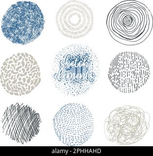 Satz handgezeichneter Kreise, Elemente für die Konstruktion, Vektor. Kritzelnde Formen. Konzepte für Grafik- und Webdesign. Stock Vektor