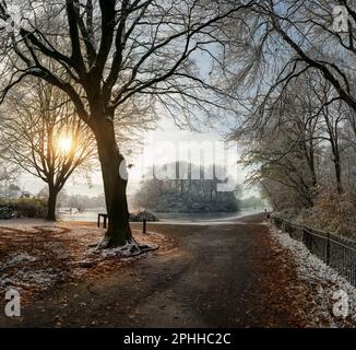 Die Insel auf dem See im Platt Fields Park in South Manchester an einem frostigen Wintermorgen mit etwas Sonnenlicht hinter den Bäumen Stockfoto