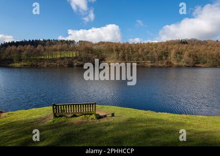 Ladybower Reservoir im Upper Derwent Valley, Peak District Nationalpark, an einem sonnigen Frühlingstag. Stockfoto