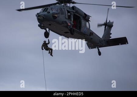 YOKOSUKA, Japan (27. März 2023) – Matrosen, die der Sprengstoffeinheit EODMU 5 zugeordnet sind Japan führen Abseil- und Schnellimpulungen von einem MH-60s Seahawk durch, der an den Goldenen Falken der Kampfgeschwader des Hubschraubers (HSC) 12, an Bord des Befehlshabers, Flottenaktivitäten Yokosuka (CFAY) angeschlossen ist. Seit mehr als 75 Jahren stellt CFAY Basiseinrichtungen und -Dienste zur Unterstützung der vorstationierten Marinekräfte, Mietbefehle und Tausenden von Militär- und Zivilpersonal und deren Familien der US-7.-Flotte zur Verfügung, wartet und betreibt diese. (USA Marinefoto von Taylor Ardito) Stockfoto