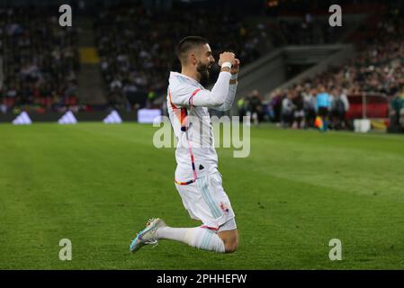 Köln, Deutschland. 28. März 2023. firo: 03/28/2023, Fußball, DFB-Nationalmannschaft, Männer-Landspiel, Mode, GER, Deutschland – Bel, Belgischer Jubiläum auf das 0:1 Belgien von CARRASCO/dpa/Alamy Live News Stockfoto